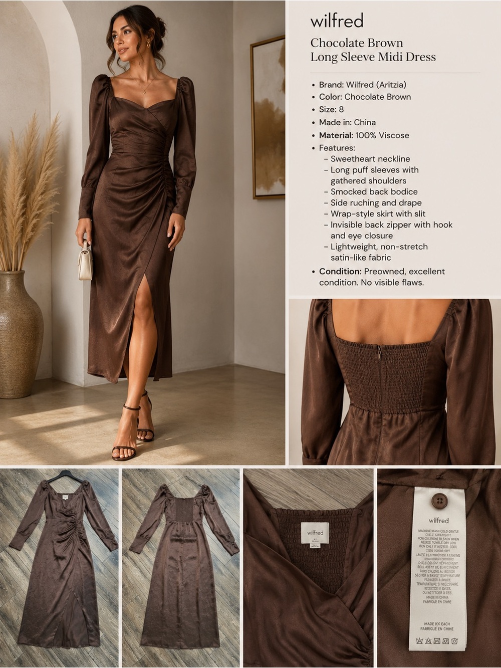 Wilfred Aritzia Brown Satin Wrap Midi Dress Size 8